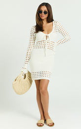 Karly Mini Dress - Crochet Knit Long Sleeve Dress in Ivory